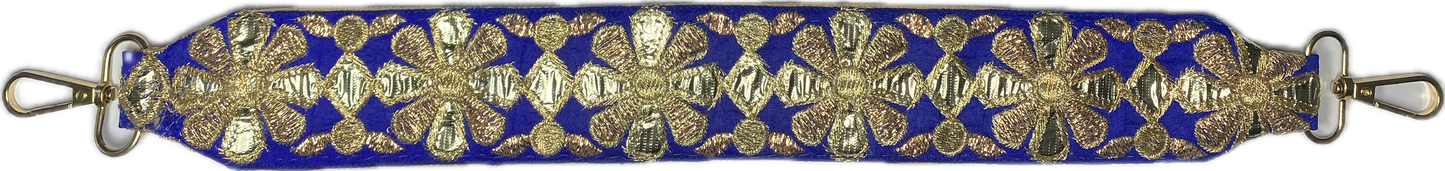 Anse précieuse brodée "fleurs dorées sur bleu roi" La Gambade