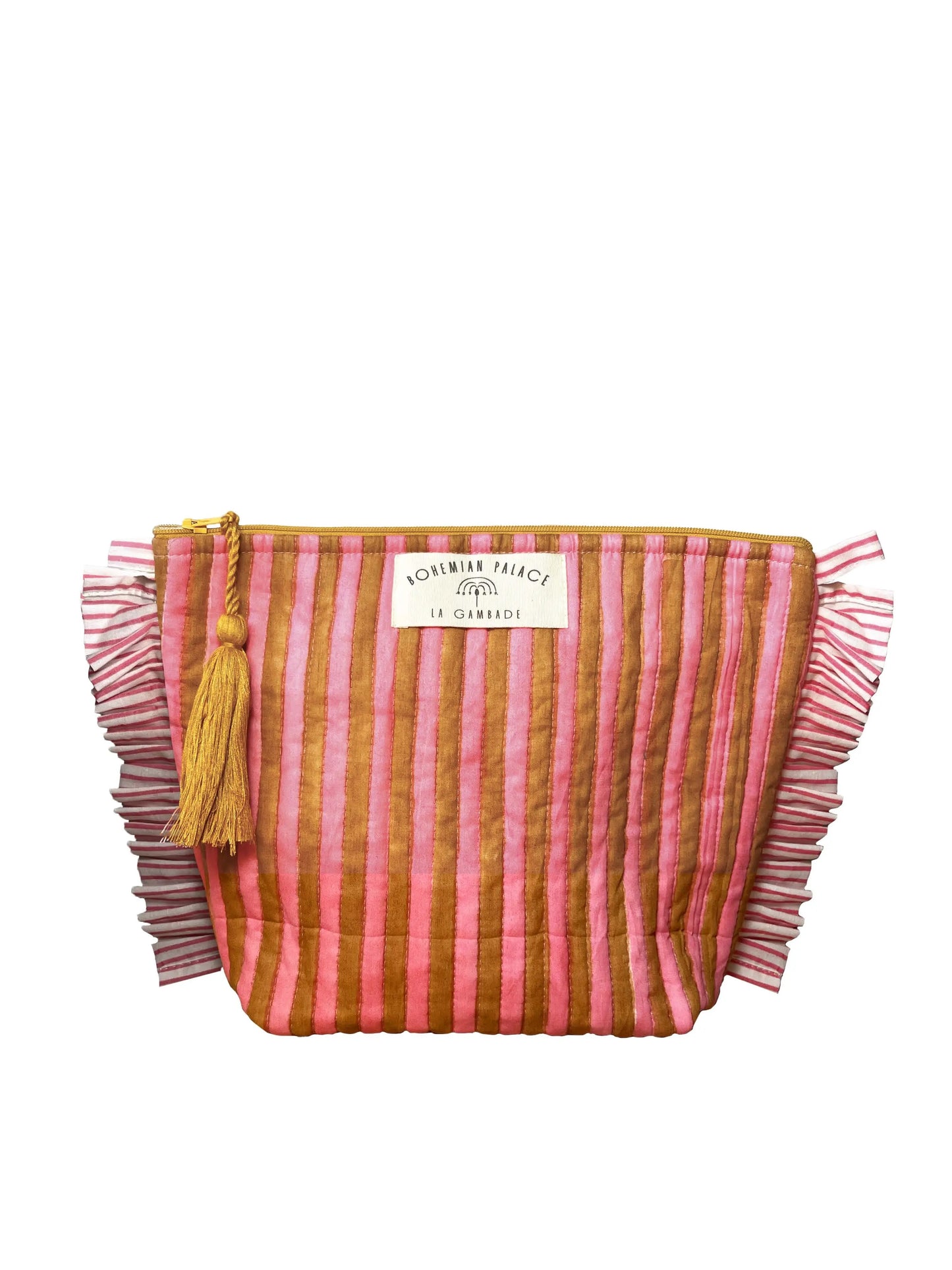 Trousse de toilettes à volants "Quilted" douces rayures roses La Gambade