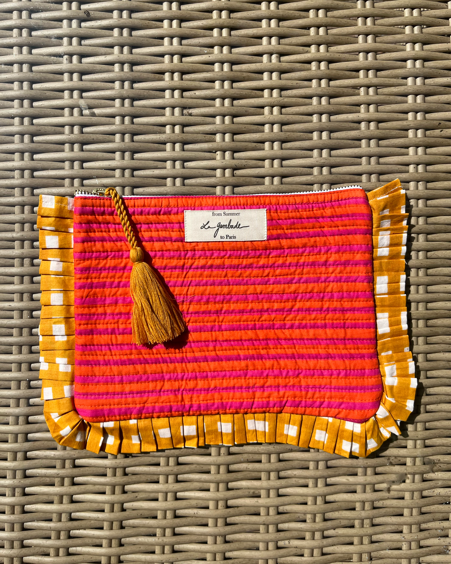 détail volants pochette à volants Bayadère Rose coton
