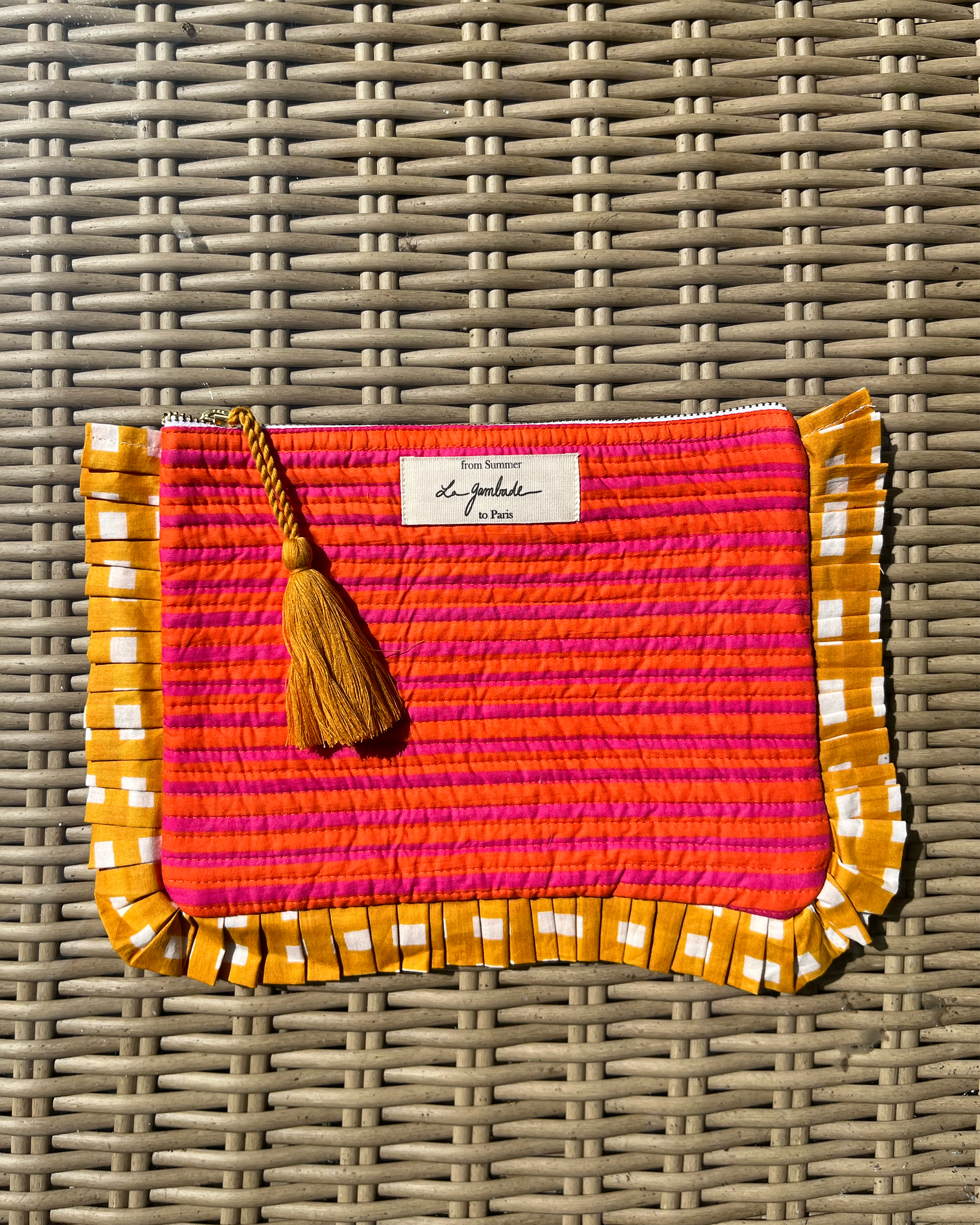 détail volants pochette à volants Bayadère Rose coton