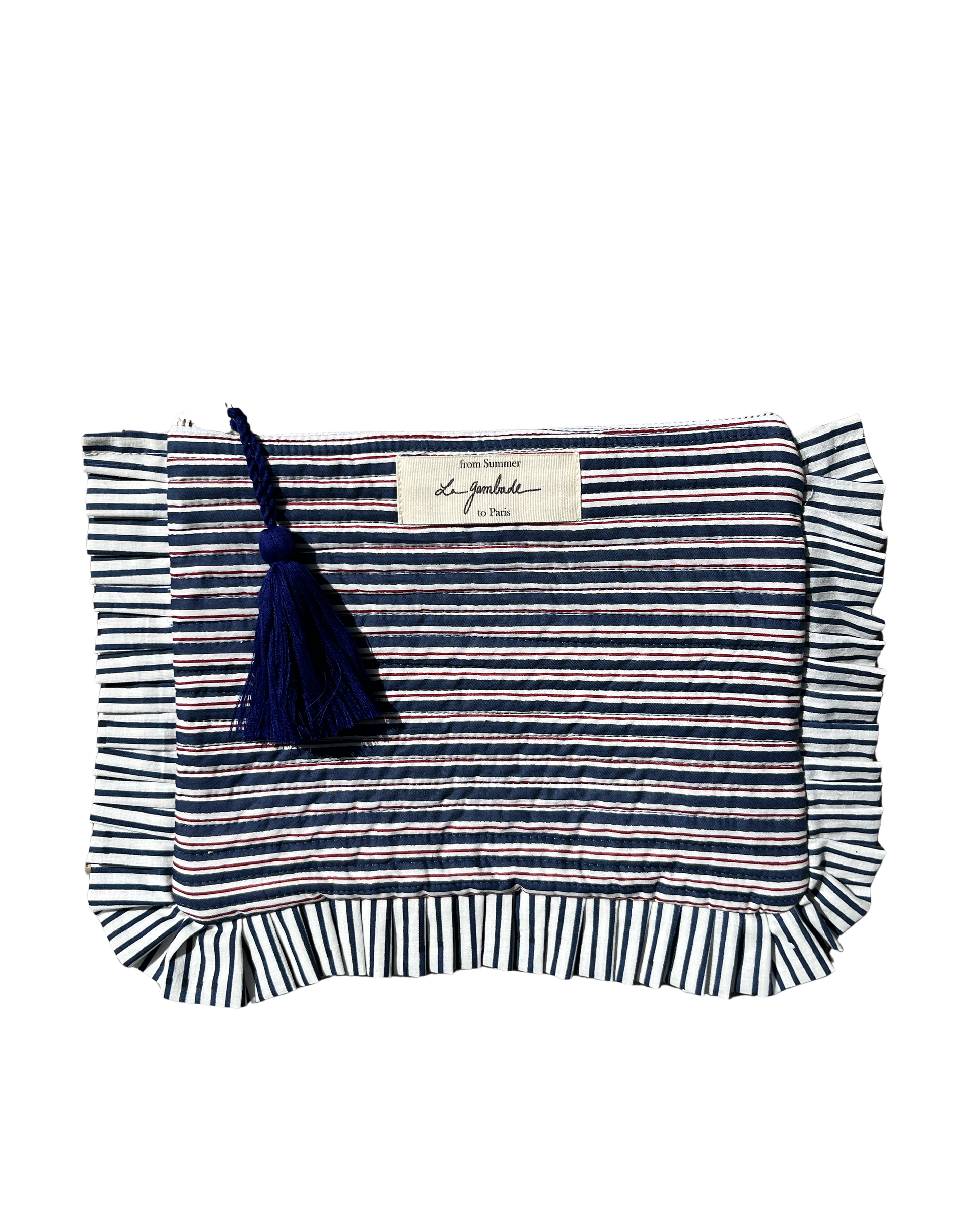 pochette à volants rayée bleue matelassée