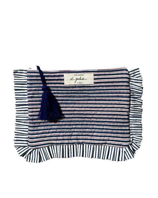 pochette à volants rayée bleue matelassée